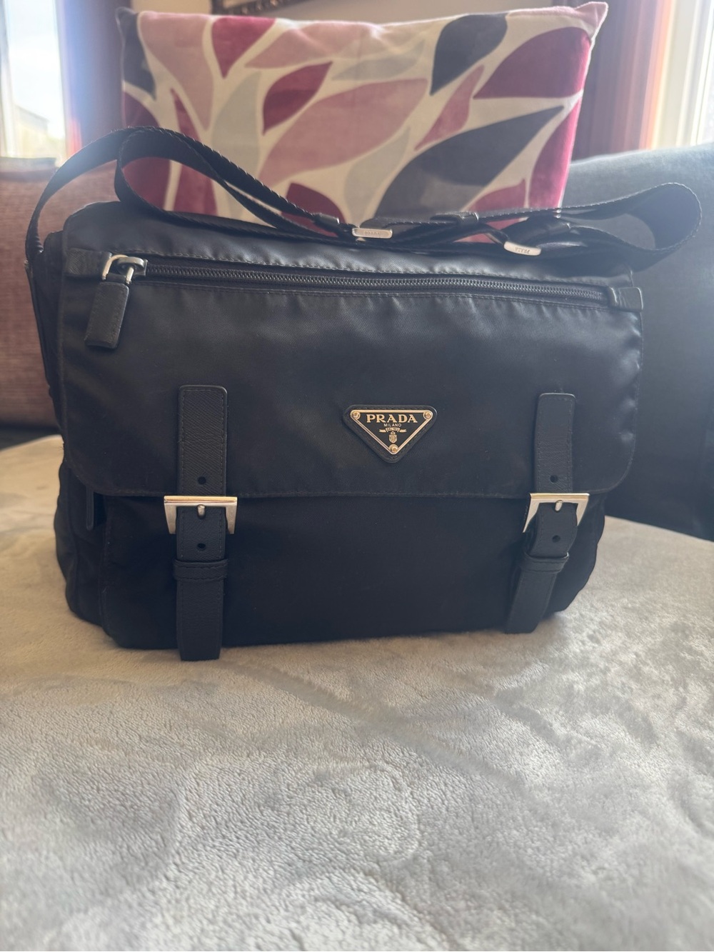 Prada Black Nylon Messenger Bag with Silver Hardware